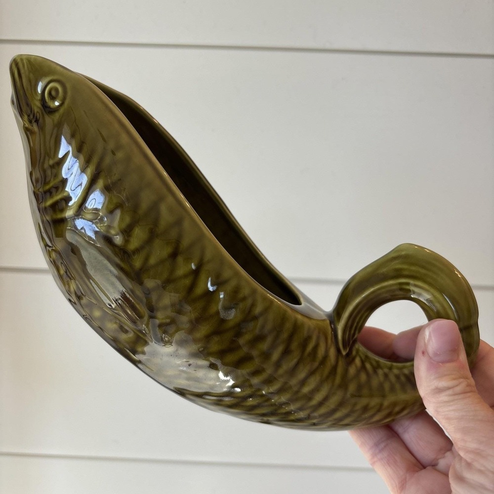 Vintage French Majolica Sarreguemines Green Fish Sauce Bowl Mottahedeh Design